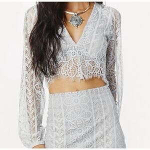For Love and Lemons XS Lyla top Grey Crop Lace Long Sleeve V-neck Sexy Boho B22